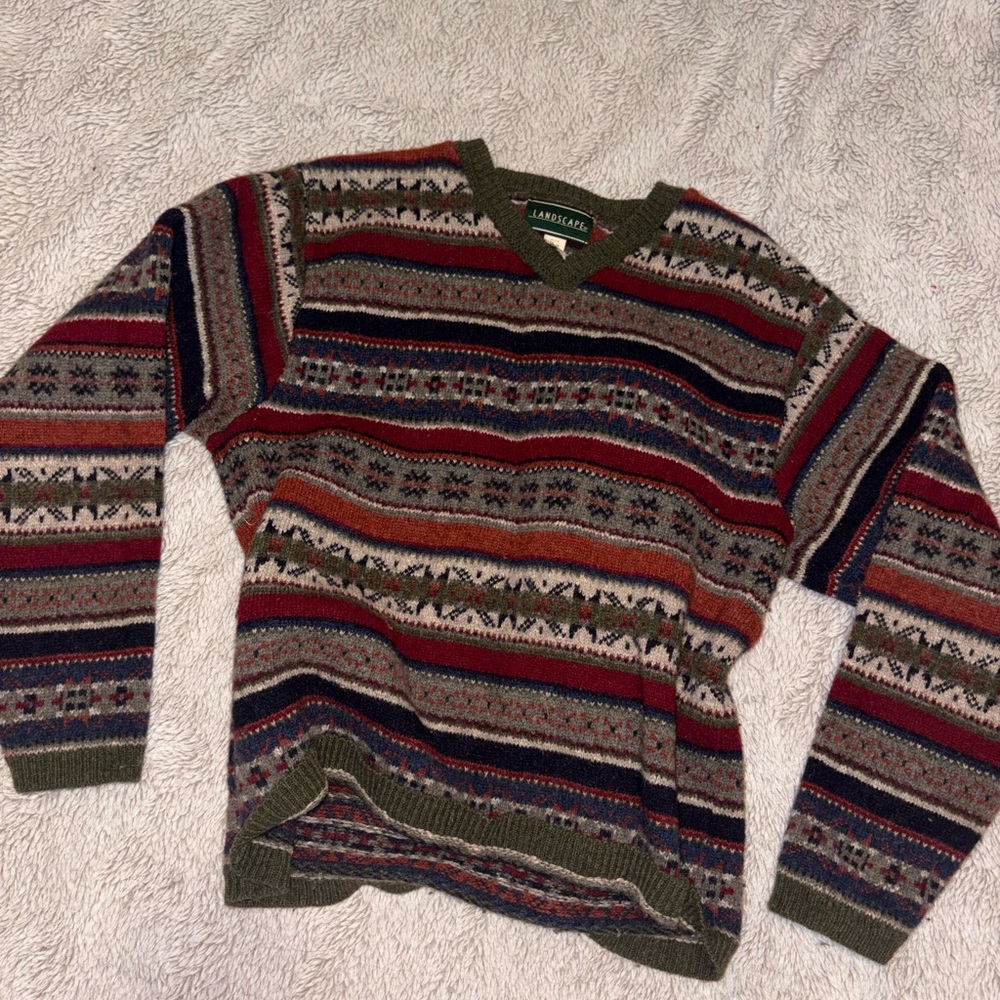 Womens V-Neck Vintage Sweater in Olive, Navy & Rust
